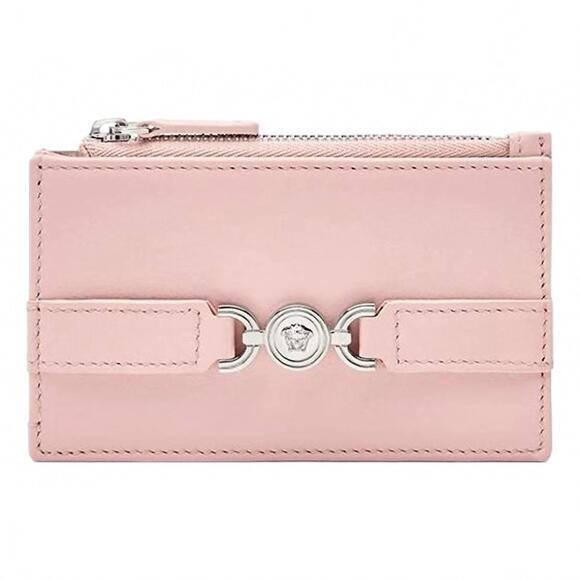 NEW VERSACE women's leather zipper card holder slim wallet in dusty pink